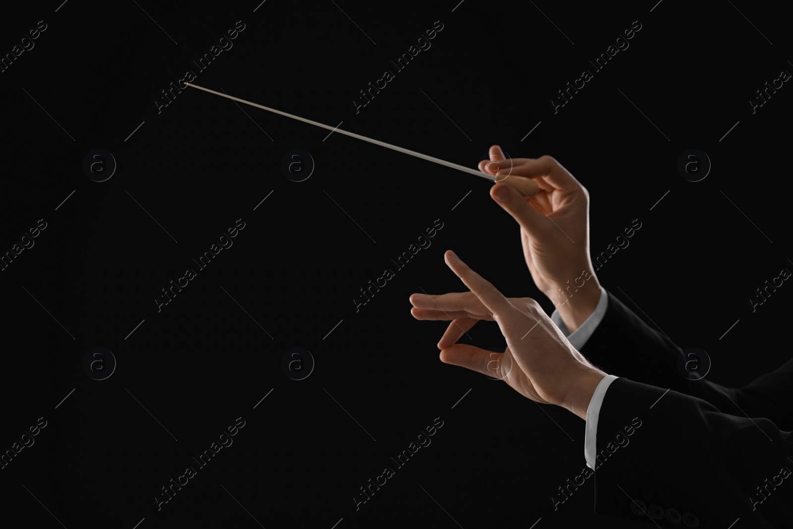 Photo of Professional conductor with baton on black background, closeup. Space for text