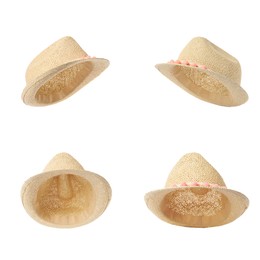 Image of Set with stylish straw hats on white background. Stylish headdress