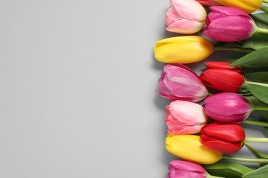 Photo of Beautiful colorful tulip flowers on light grey background, flat lay. Space for text