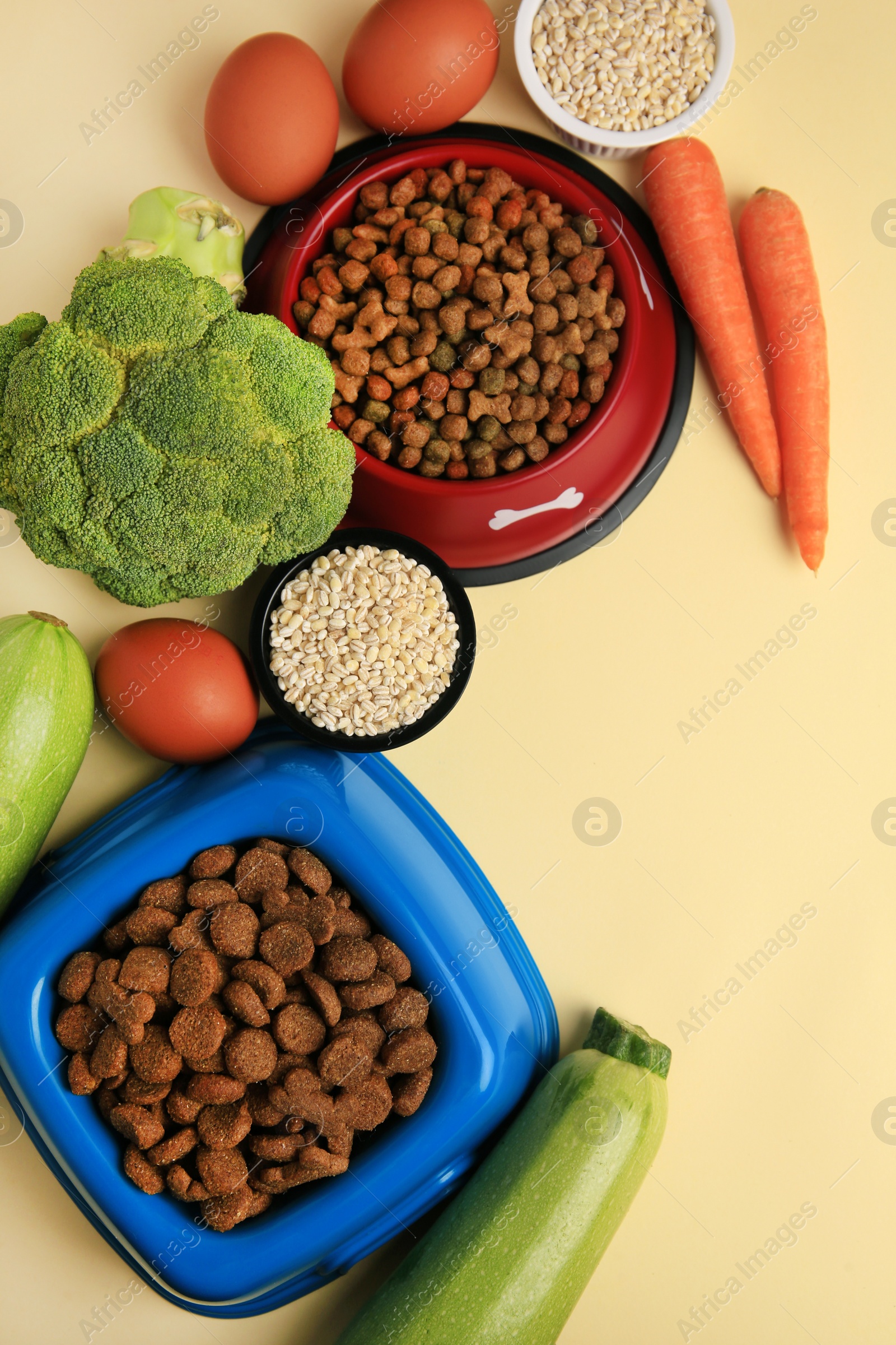 Photo of Dry pet food and products on beige background, flat lay