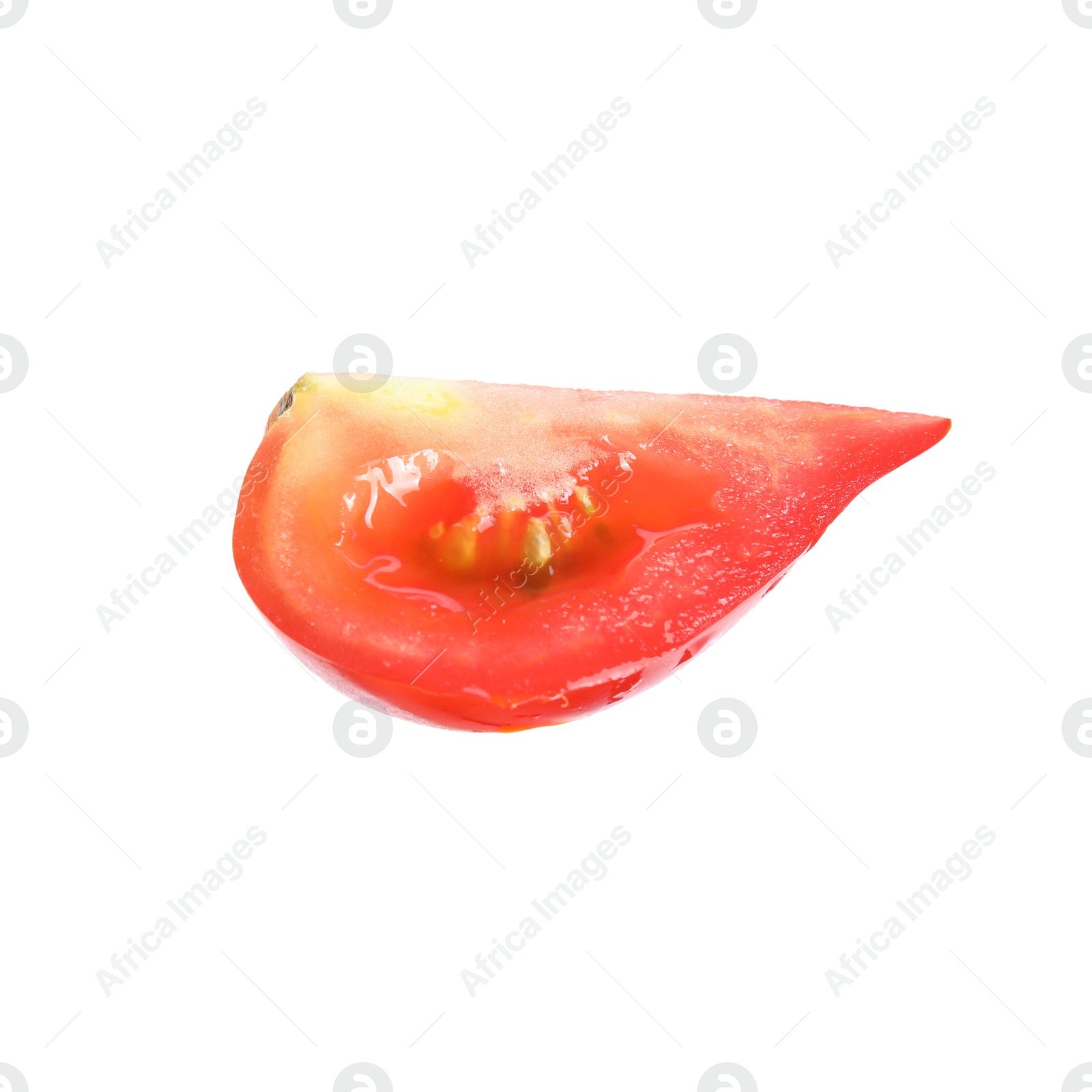 Photo of Piece of ripe red tomato on white background