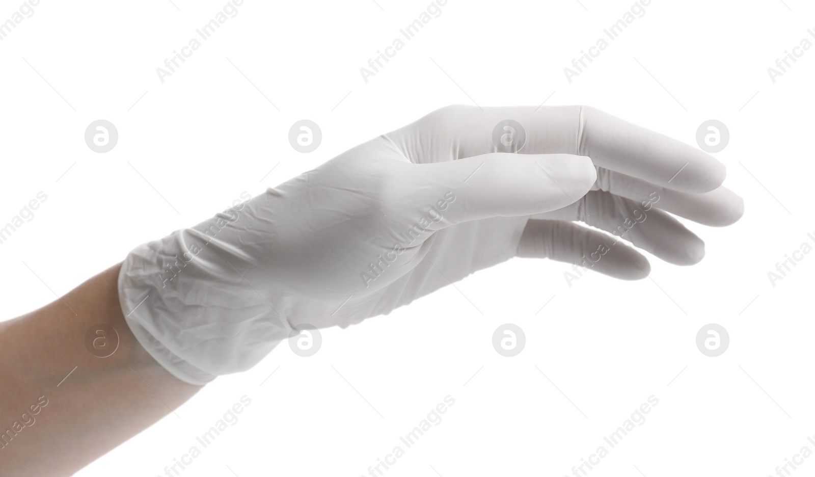 Photo of Woman wearing medical glove on white background, closeup