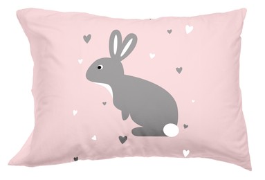Image of Soft pillow with printed cute rabbit isolated on white