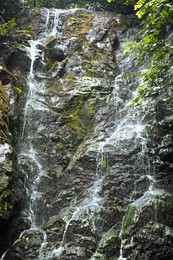 Beautiful waterfall with green moss in park