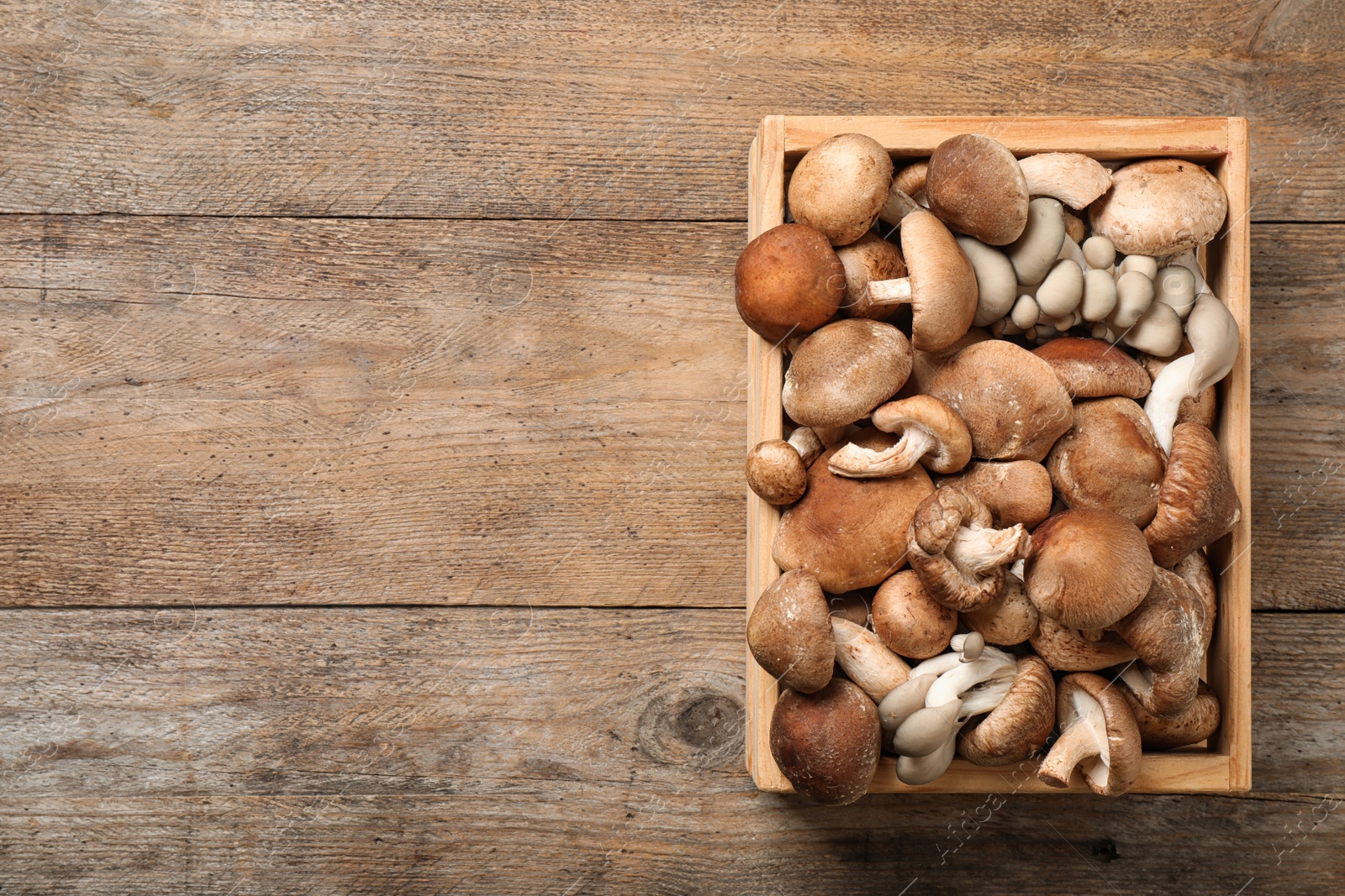 Photo of Different wild mushrooms in crate on wooden background, top view. Space for text