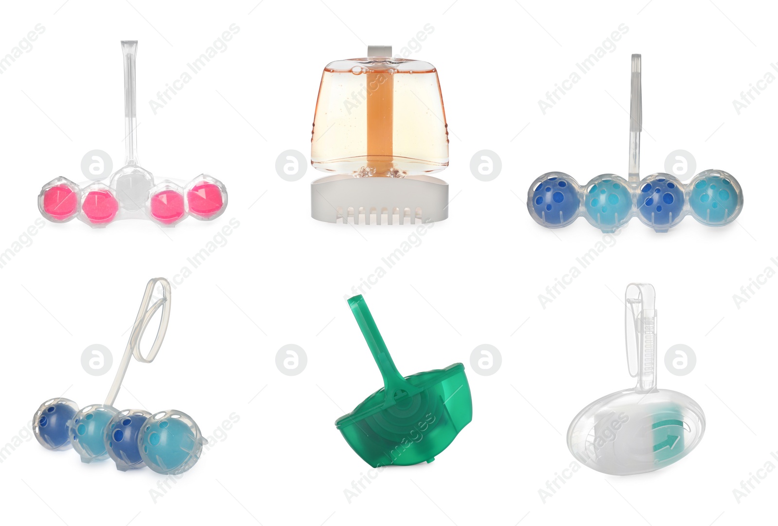 Image of Set with toilet rim blocks cleaner on white background