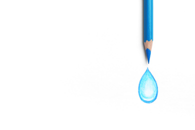 Photo of Drawing of water drop and light blue pencil on white background, top view