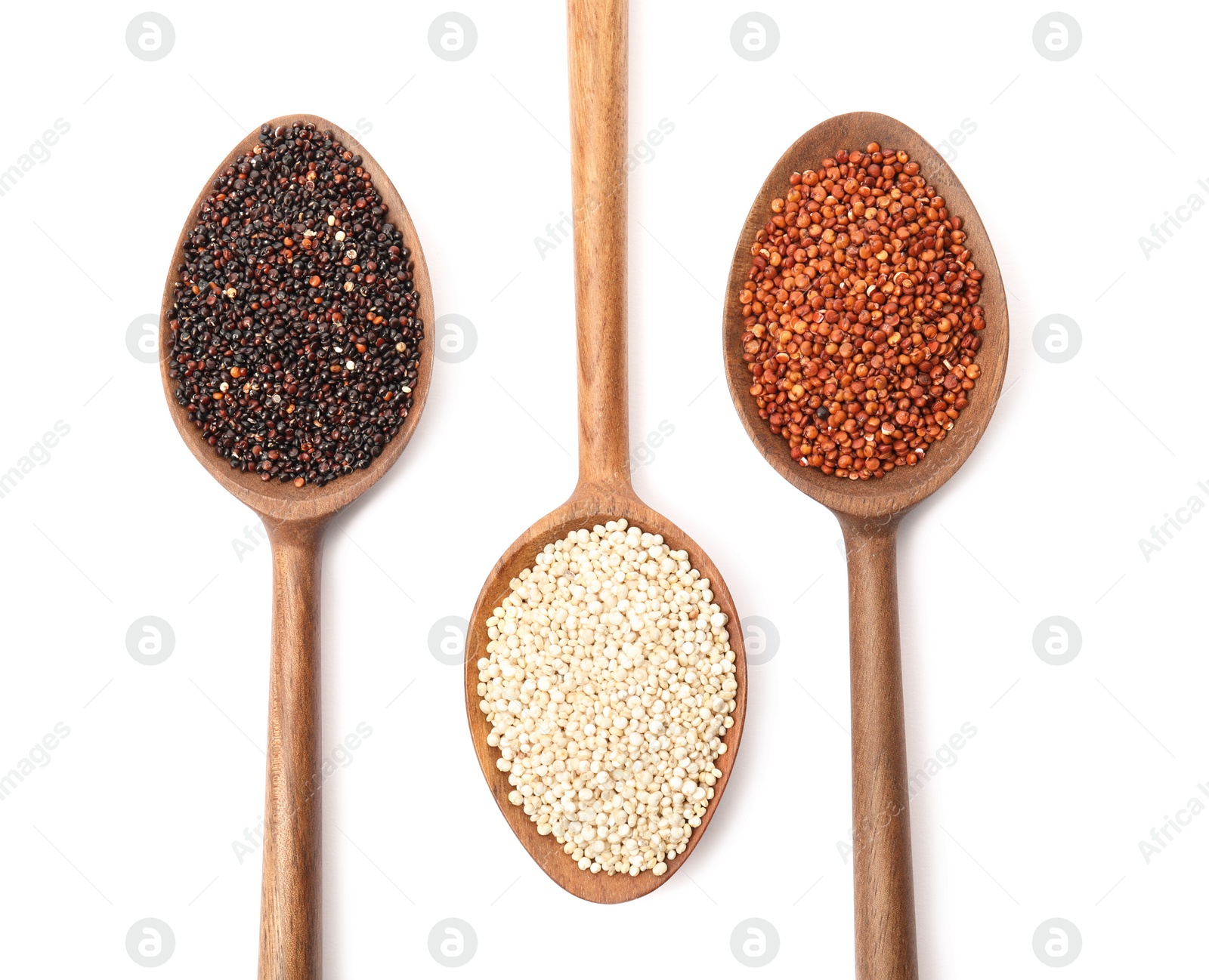 Photo of Spoons with different types of quinoa on white background, top view