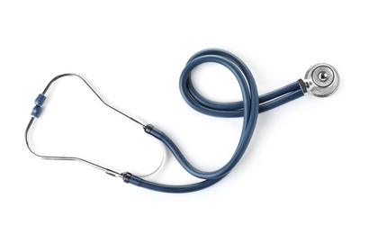 Photo of Stethoscope on white background, top view. Medical device