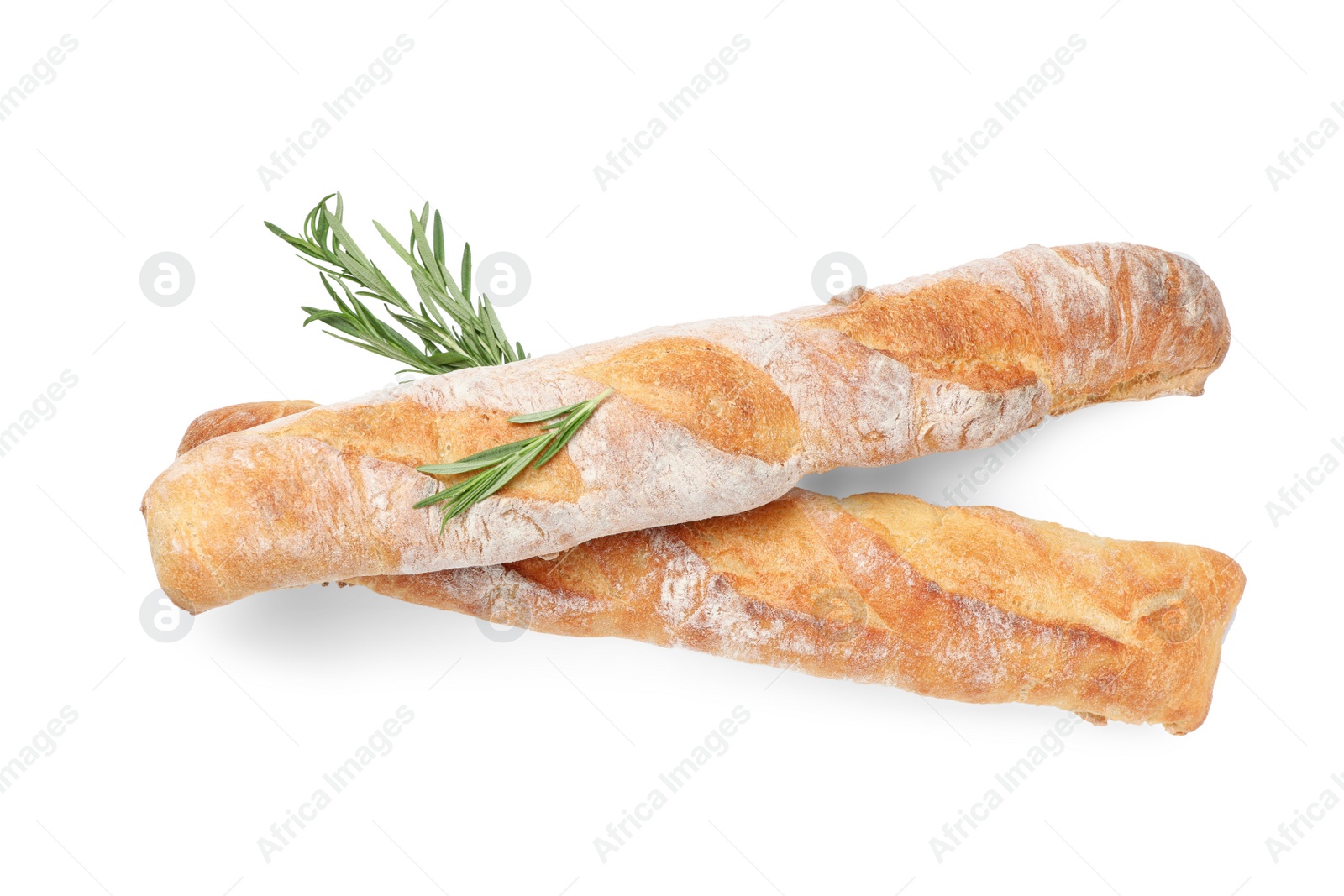 Photo of Crispy French baguettes with rosemary on white background, top view. Fresh bread