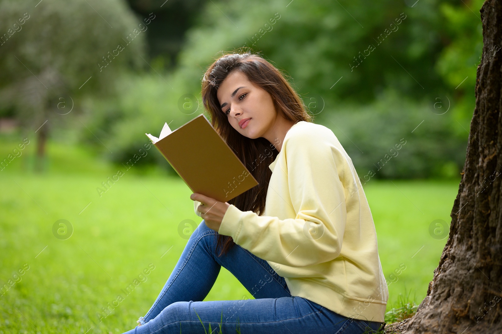 Photo of Young woman reading book near tree in park