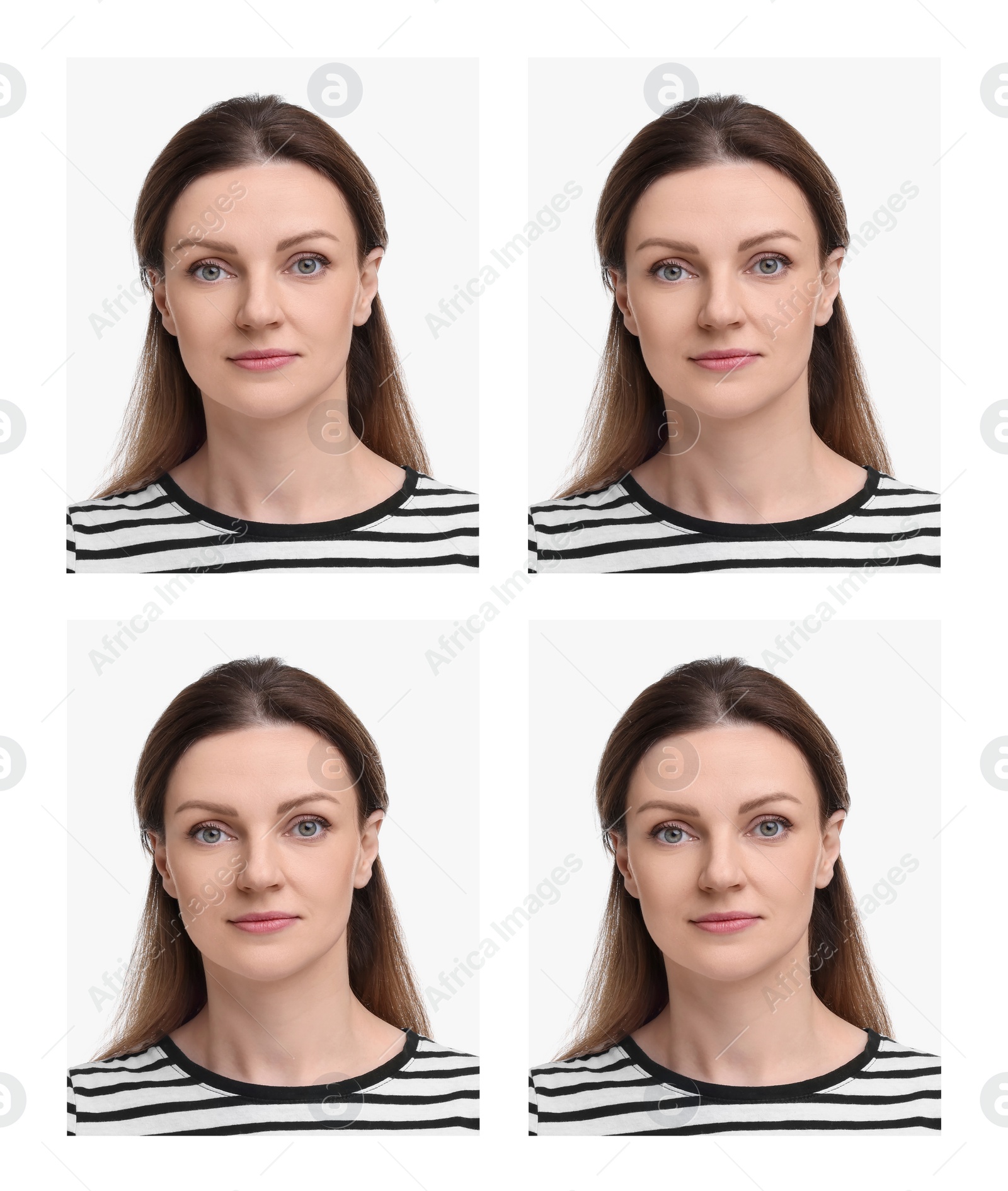 Image of Passport photo, collage. Woman on white background, set of photos