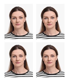 Passport photo, collage. Woman on white background, set of photos