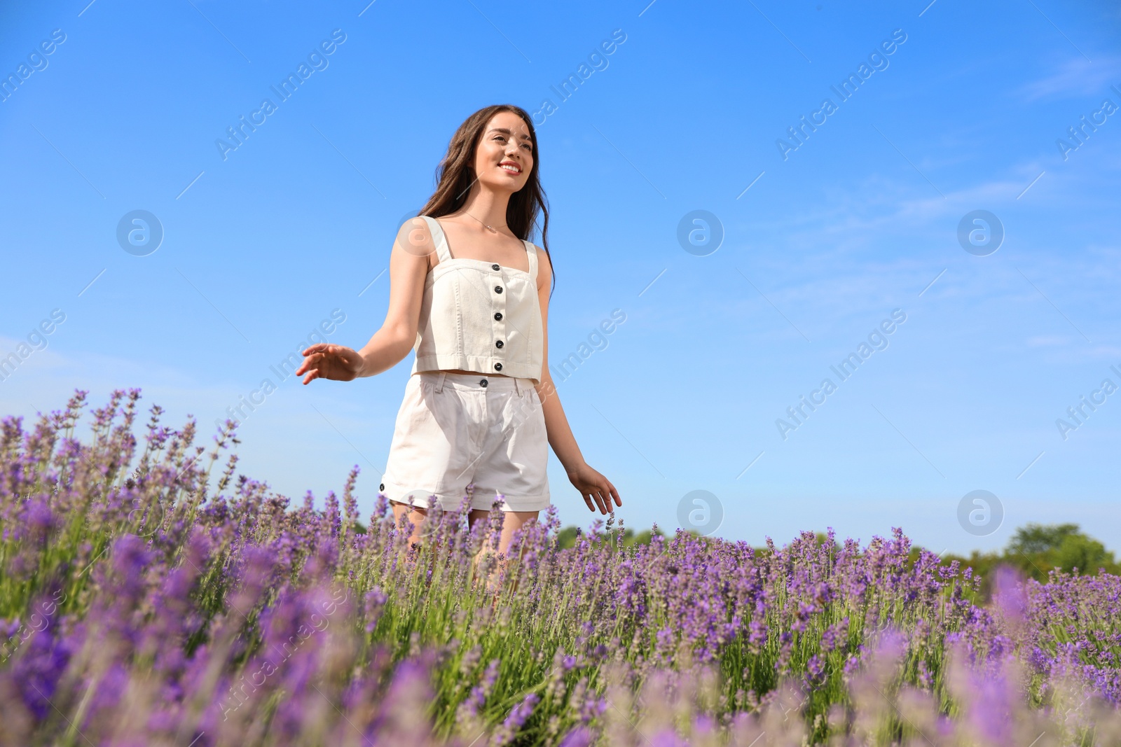 Photo of Young woman in lavender field on summer day