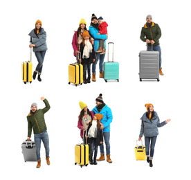 People in warm clothes with suitcases on white background, collage