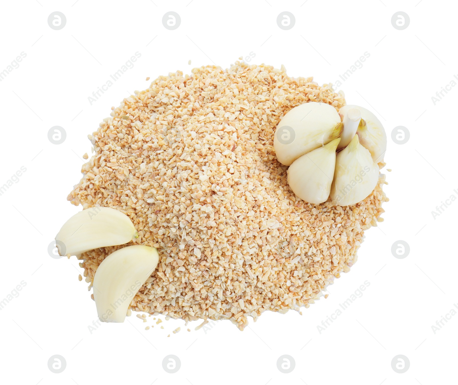 Photo of Heap of dehydrated garlic granules and peeled cloves isolated on white, top view