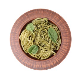 Photo of Tasty pasta with spinach isolated on white, top view