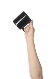 Photo of Woman holding cup on white background, closeup