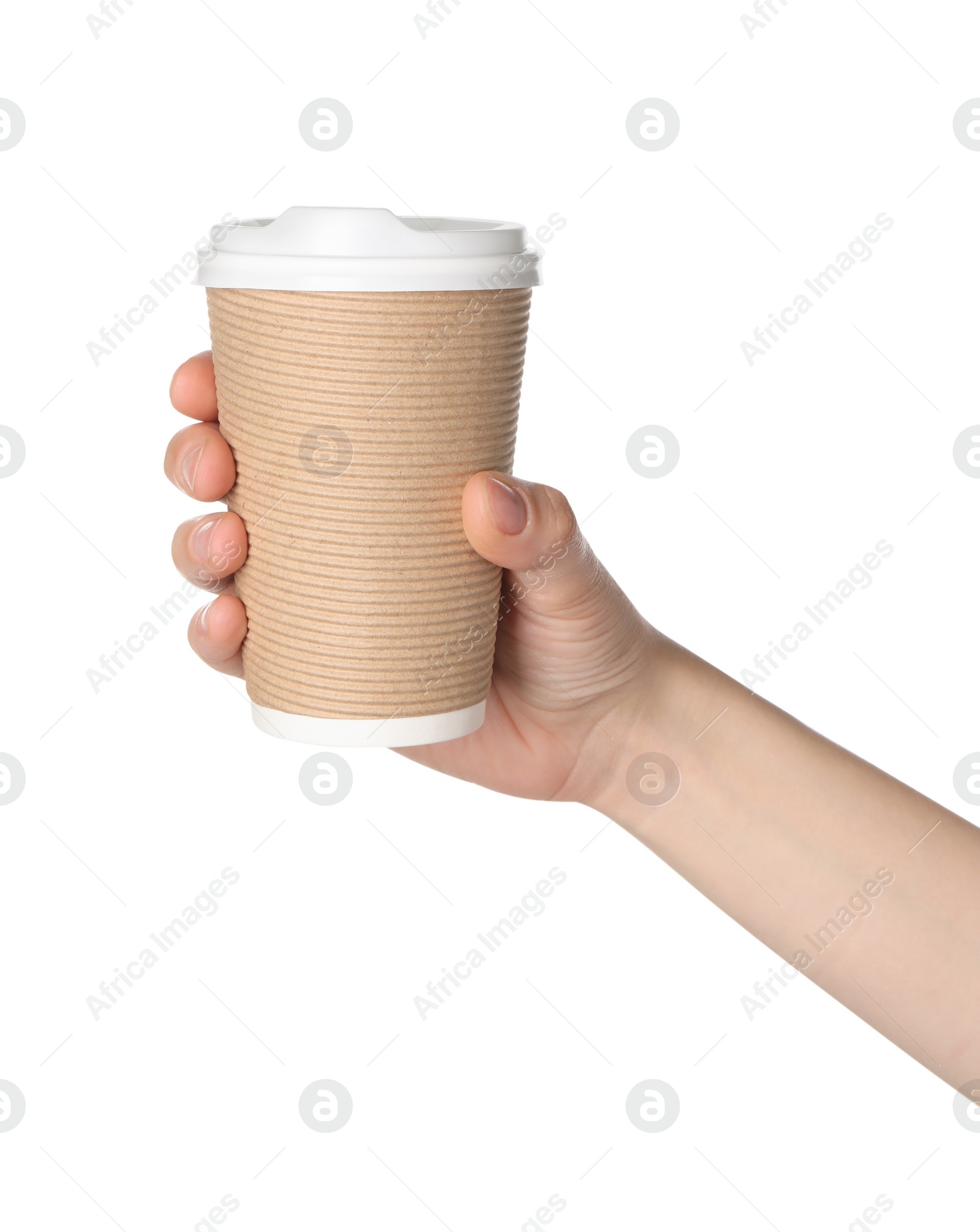 Photo of Woman holding paper cup of tasty drink on white background. Coffee to go