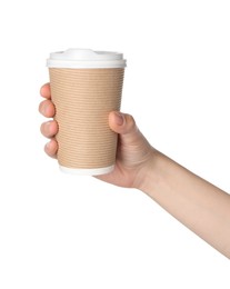 Woman holding paper cup of tasty drink on white background. Coffee to go