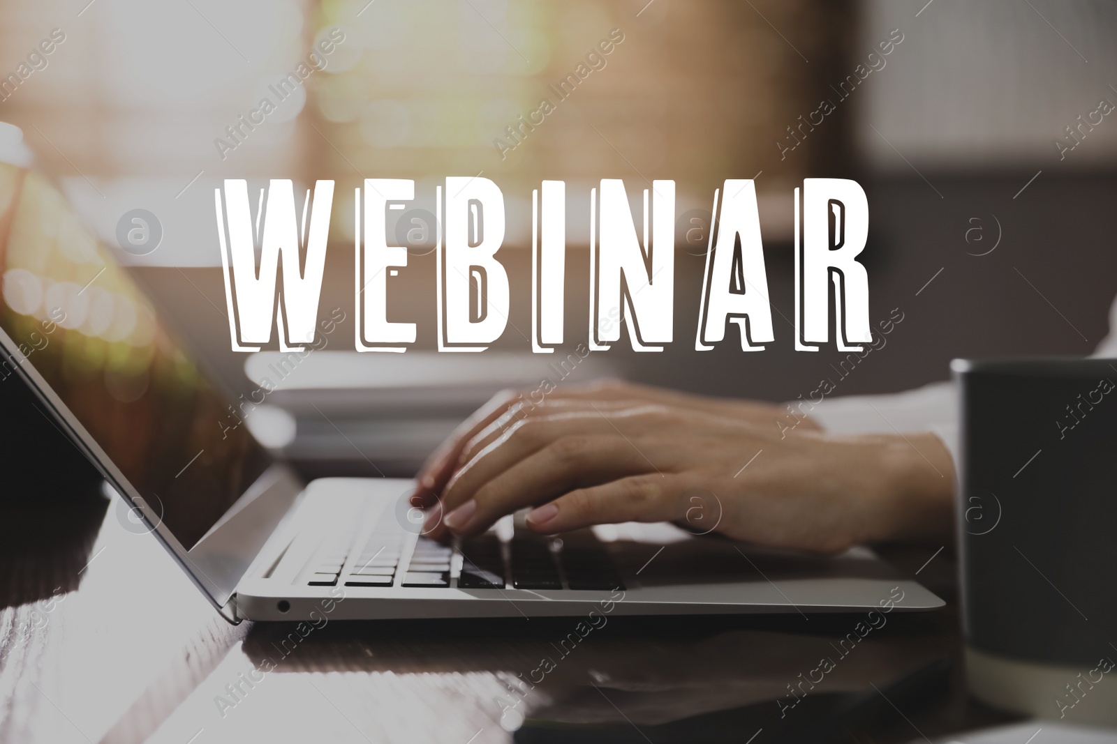 Image of Woman working with laptop in office, closeup. Business webinar