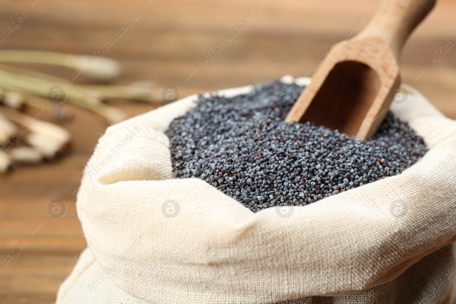 Photo of Poppy seeds and wooden scoop in sack on table, closeup