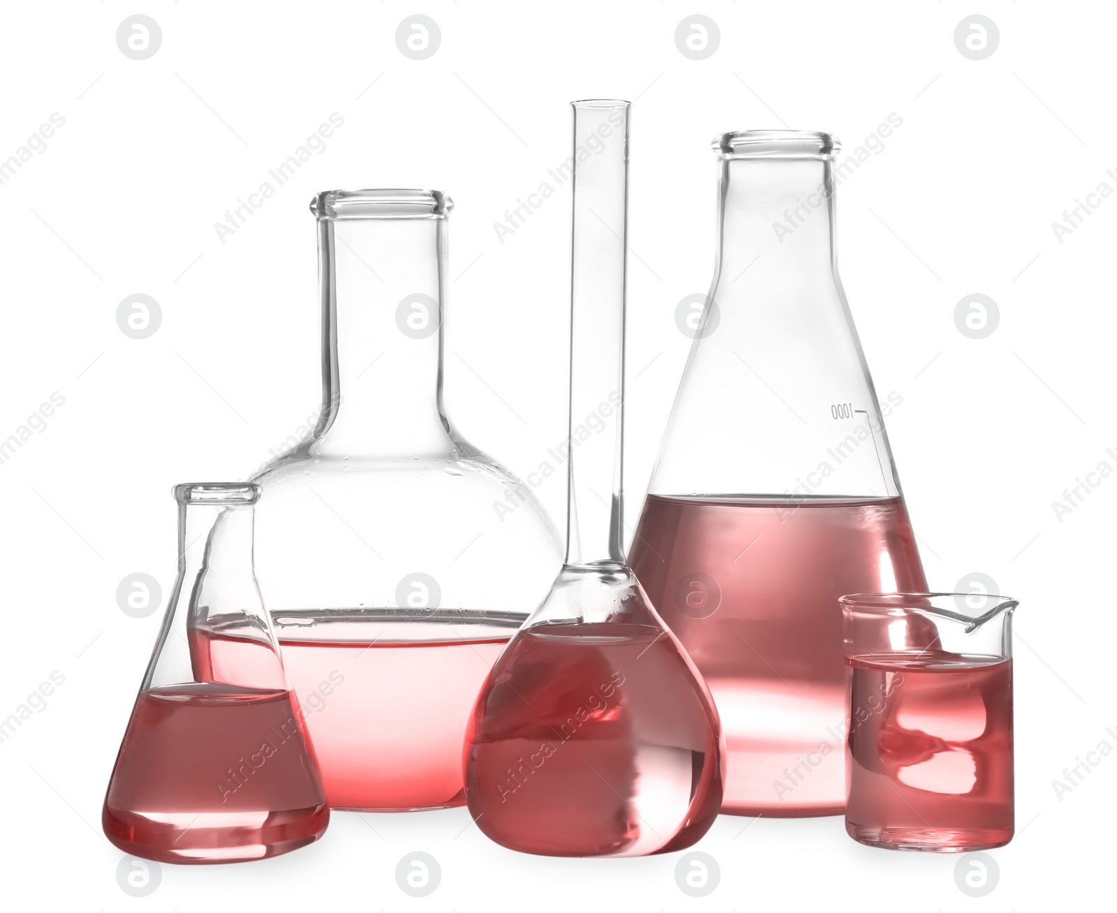 Image of Laboratory glassware with red liquid isolated on white