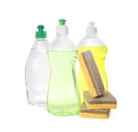 Cleaning supplies and sponges for dish washing on white background