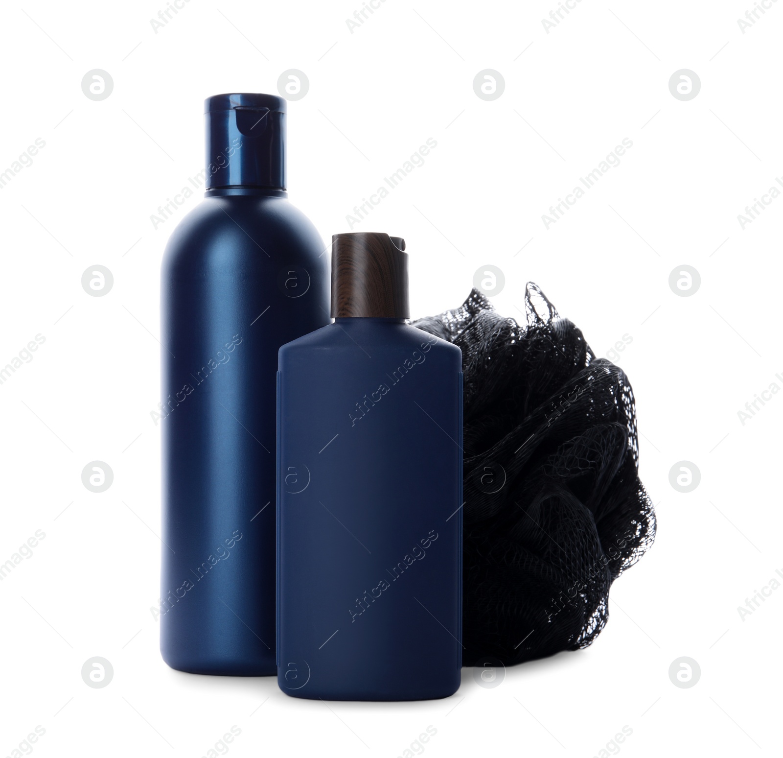 Photo of Personal hygiene products and shower puff on white background