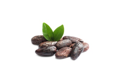 Photo of Pile of aromatic cocoa beans with leaves isolated on white