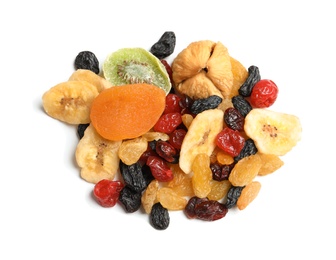 Photo of Different dried fruits on white background, top view. Healthy lifestyle