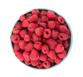 Photo of Bowl of delicious fresh ripe raspberries on white background, top view