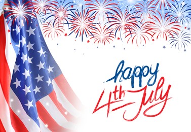 Image of 4th of july - Independence Day of USA. American national flag and fireworks on white background