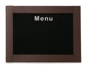 Image of Black chalkboard with word Menu on white background. Mockup for design