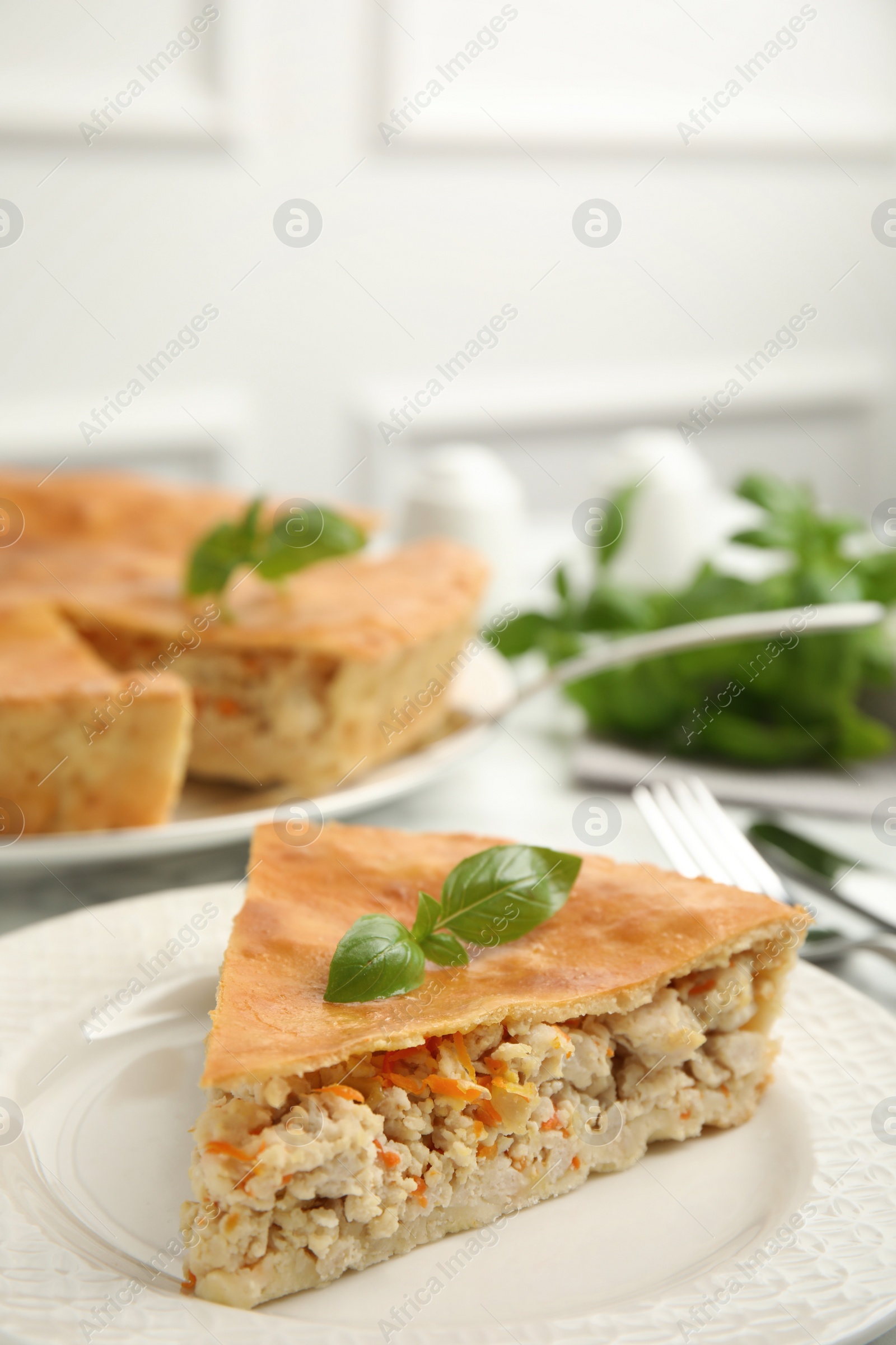 Photo of Piece of delicious pie with meat and basil in plate, closeup