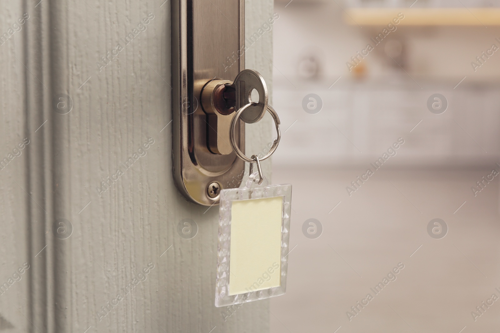 Photo of Closeup view of door with key open into kitchen. Space for text