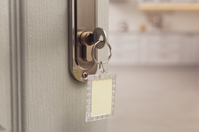 Closeup view of door with key open into kitchen. Space for text