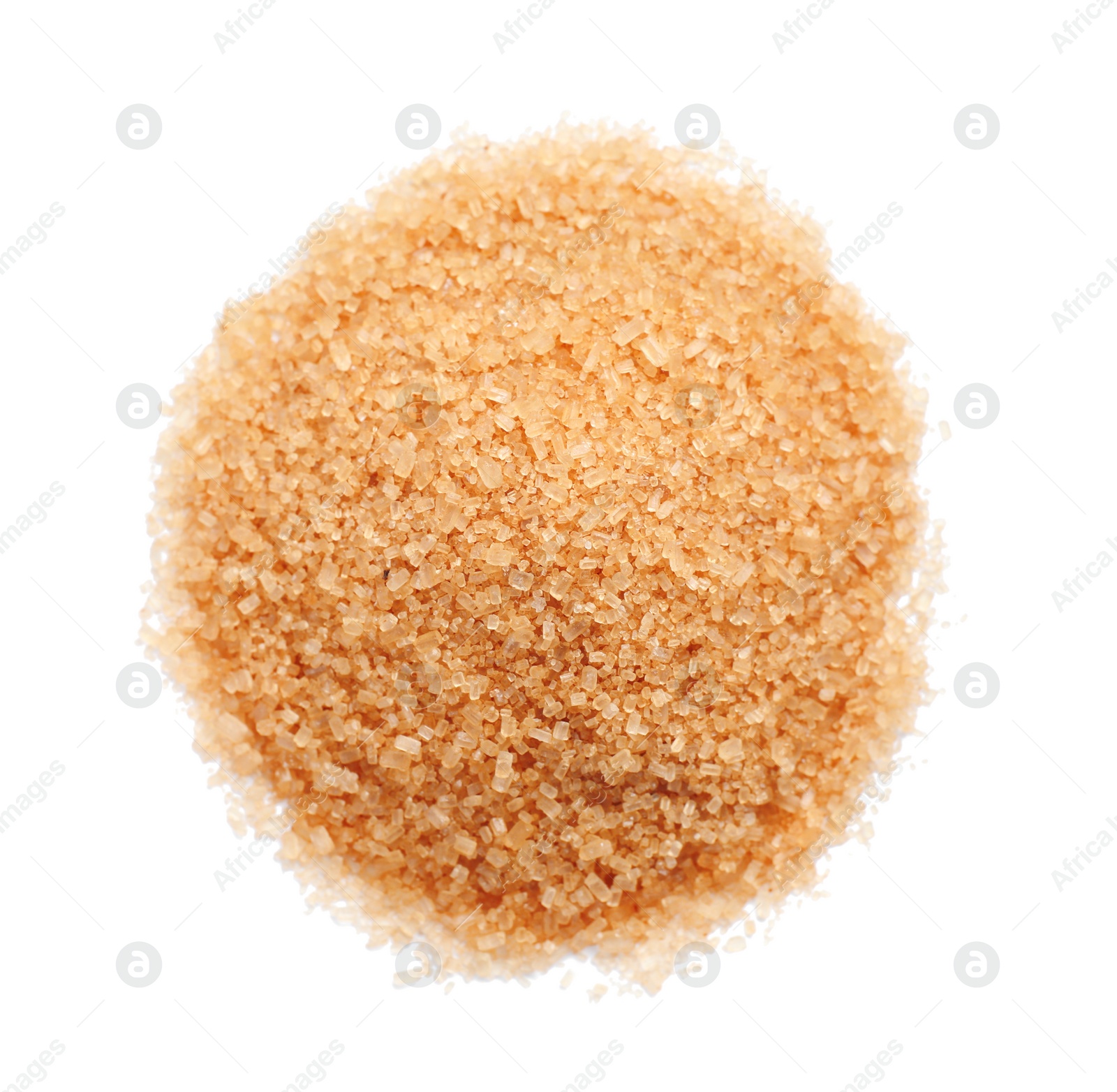 Photo of Pile of brown sugar isolated on white, top view