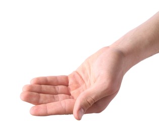 Man holding hand on white background, closeup