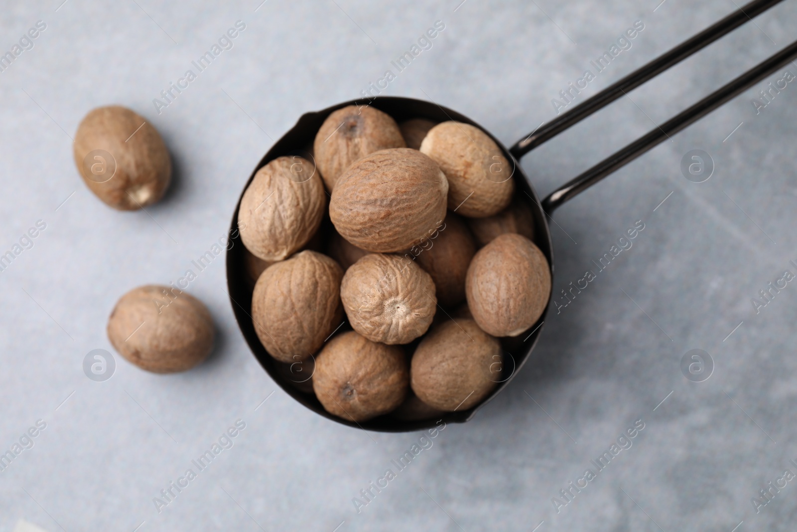 Photo of Whole nutmegs in small saucepan on light table, top view