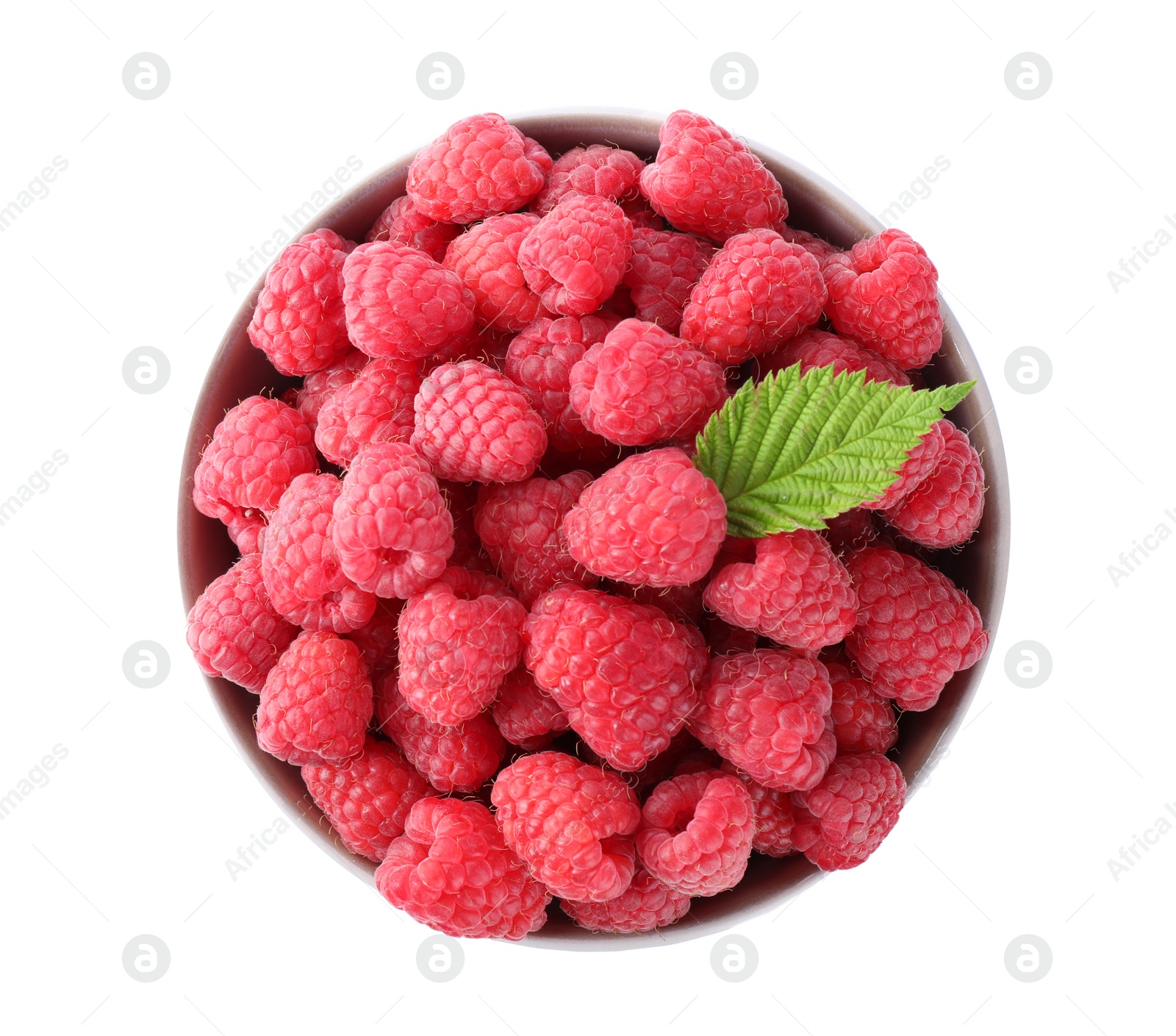 Photo of Delicious fresh ripe raspberries in bowl isolated on white, top view