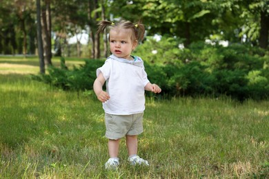 Photo of First steps. Little baby girl learning to walk in park