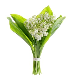 Photo of Beautiful lily of the valley bouquet on white background