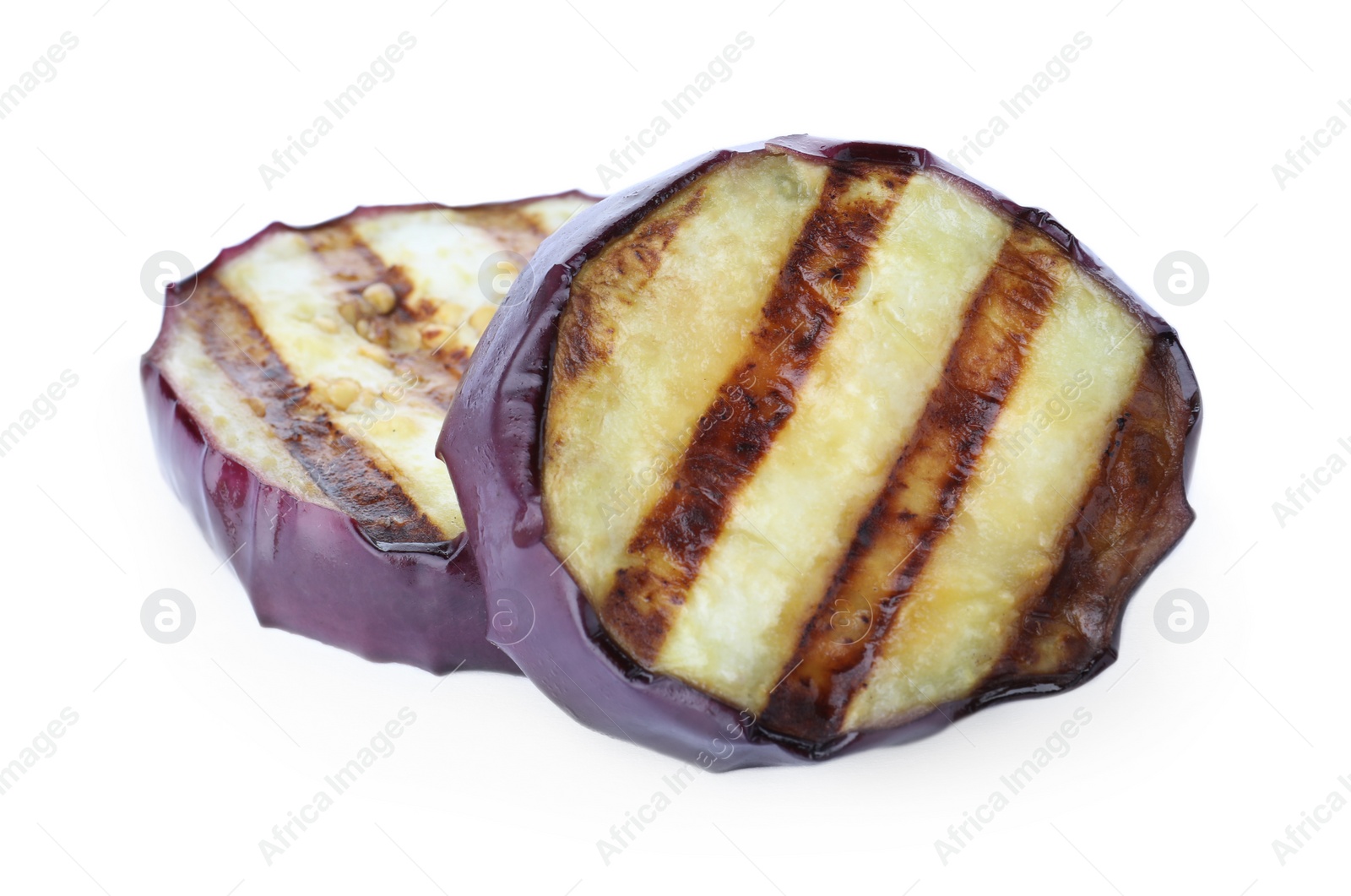 Photo of Delicious grilled eggplant slices on white background