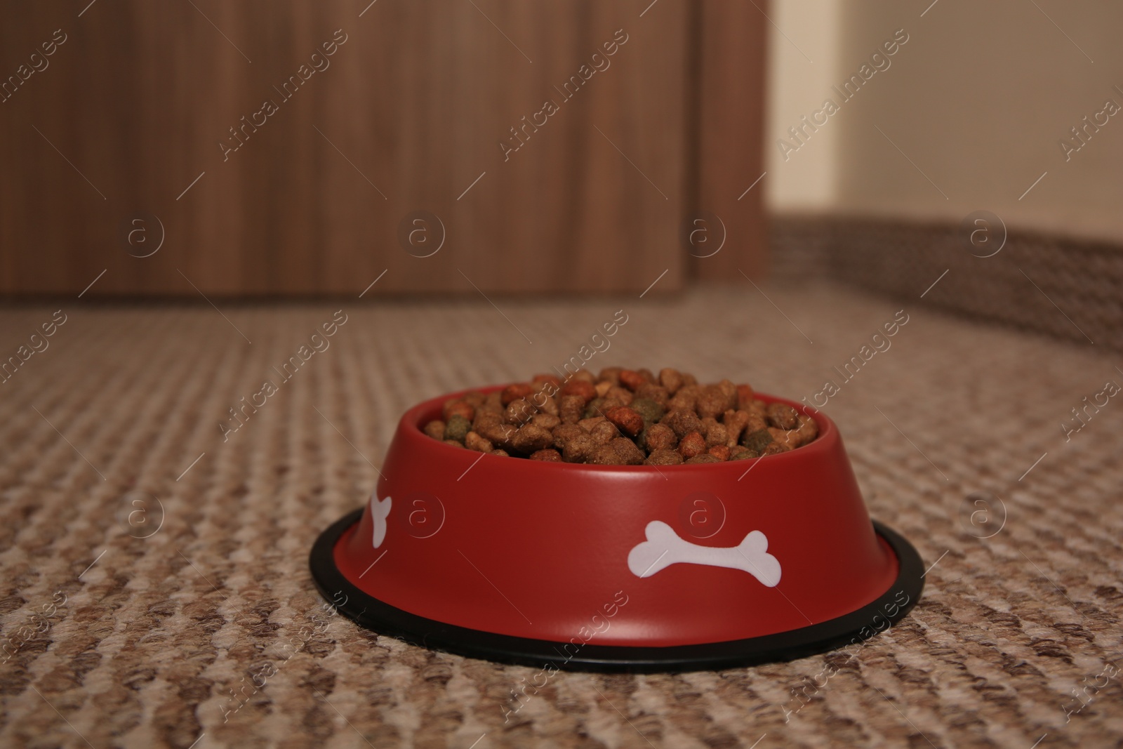 Photo of Dry dog food in feeding bowl on soft carpet indoors