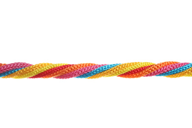 Photo of Twisted colorful ropes isolated on white. Unity concept