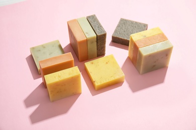 Photo of Hand made soap bars on color background