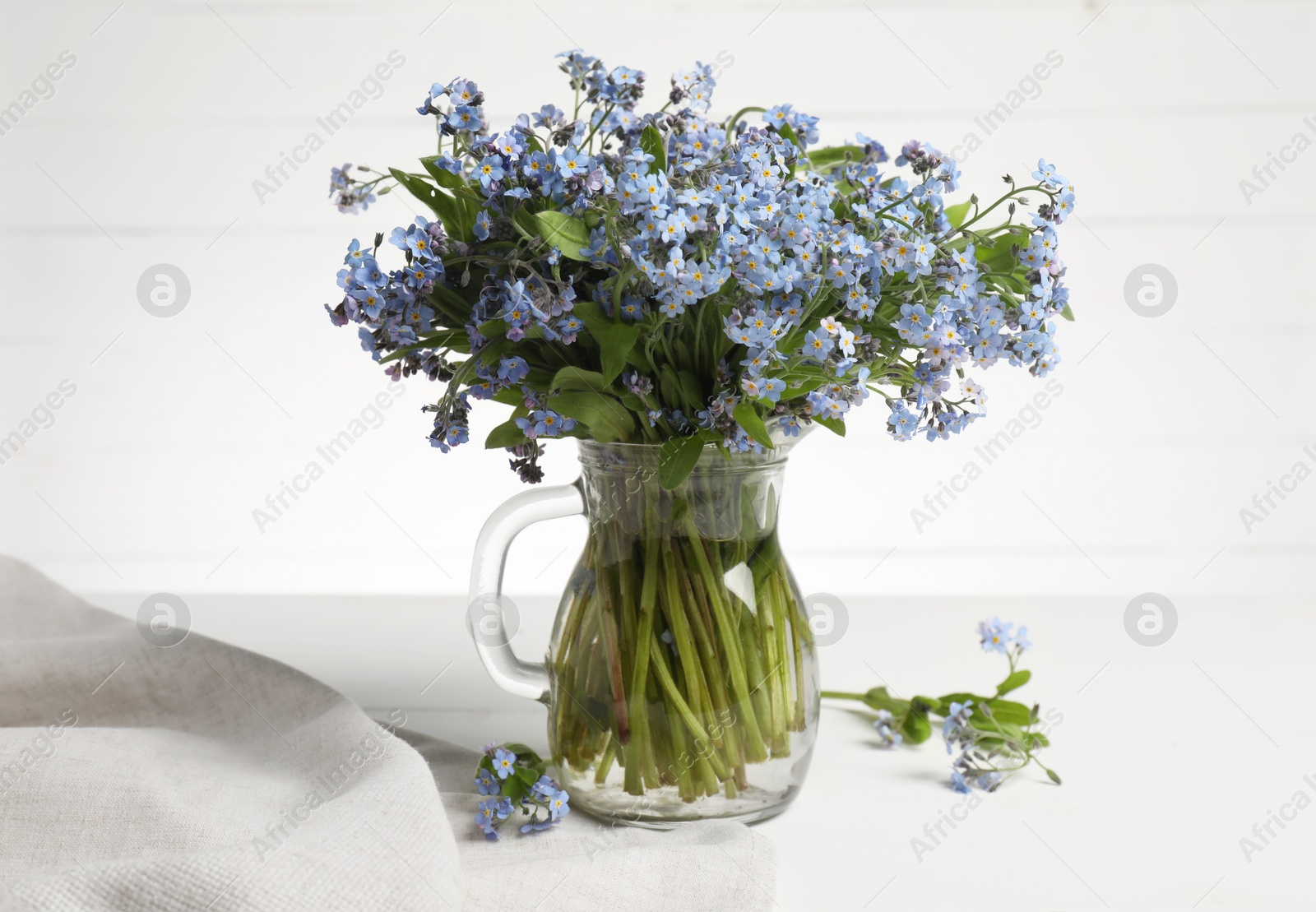 Photo of Bouquet of beautiful forget-me-not flowers in glass jug and blue cloth on white table