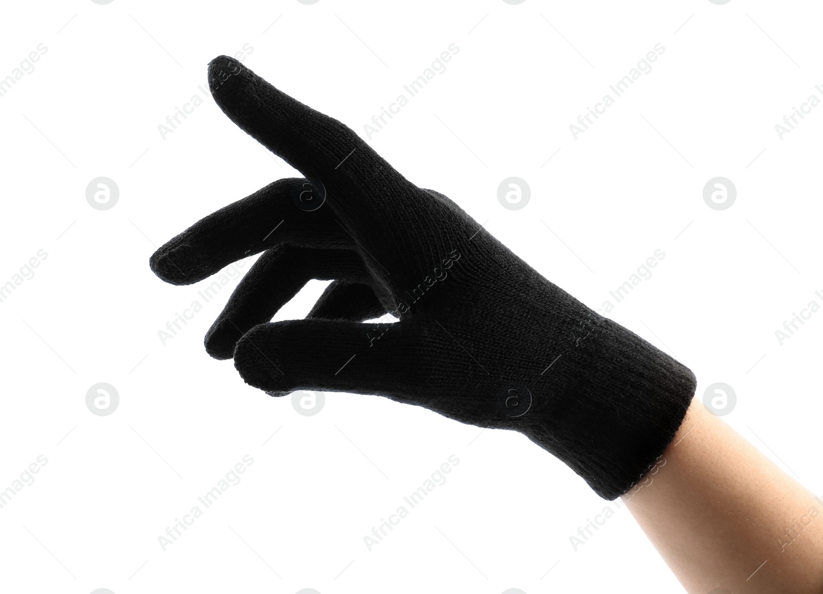 Photo of Woman in black woolen glove on white background, closeup. Winter clothes