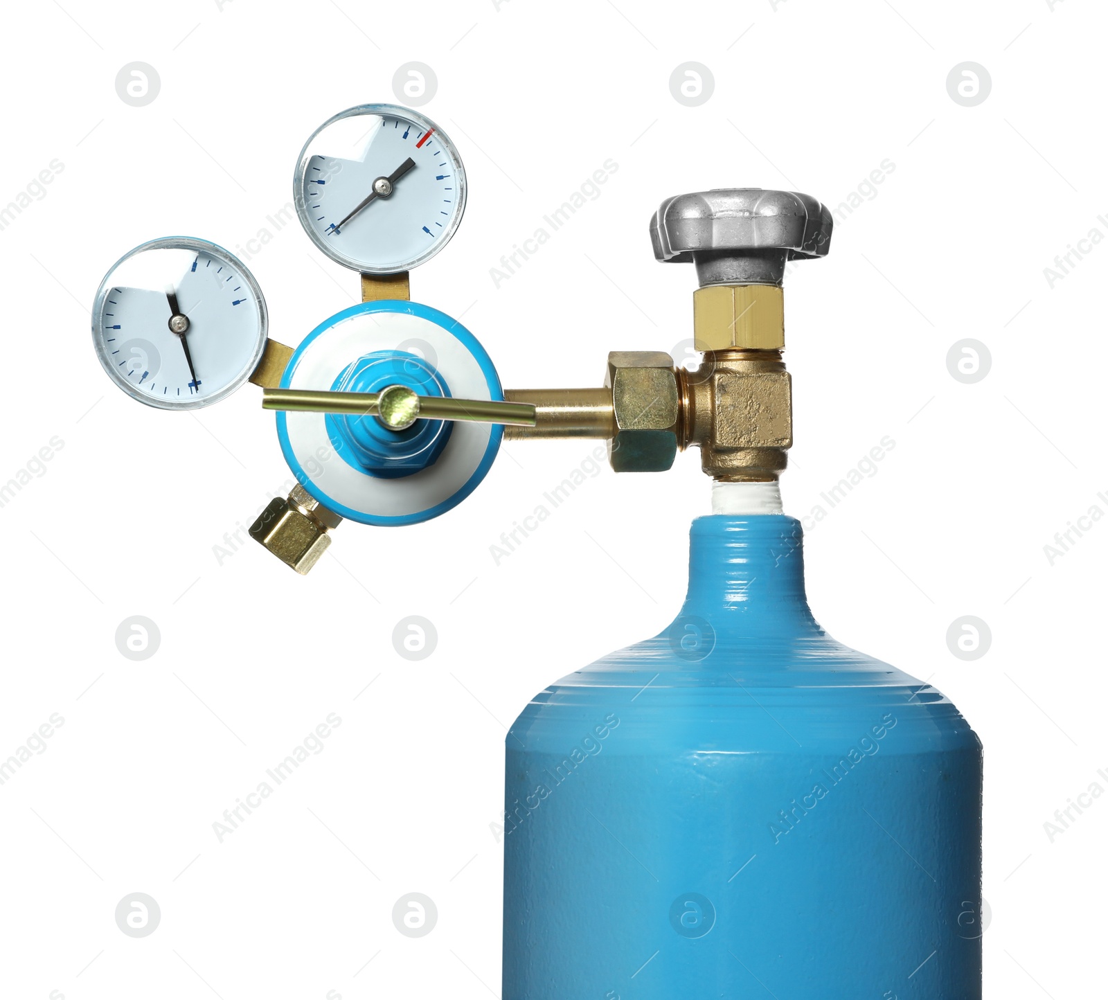 Photo of Oxygen tank isolated on white, closeup. Medical equipment